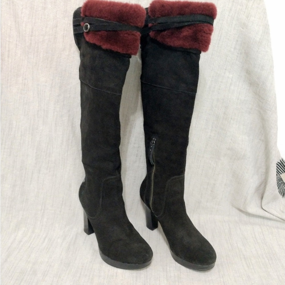 UGG Ophira Suede Black/Maroon heeled boots with side zip